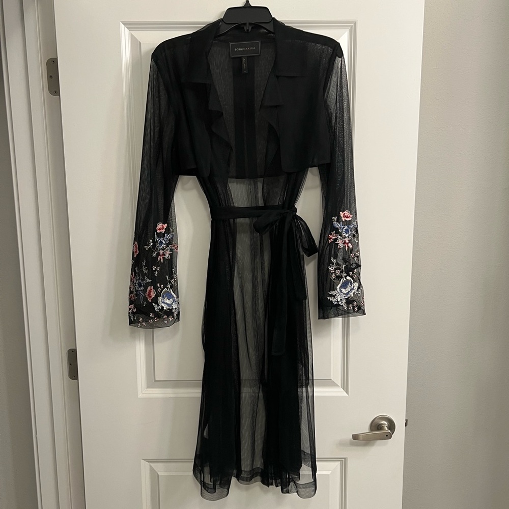 BCBG Black Sheer Kimono with Embroidered Florals